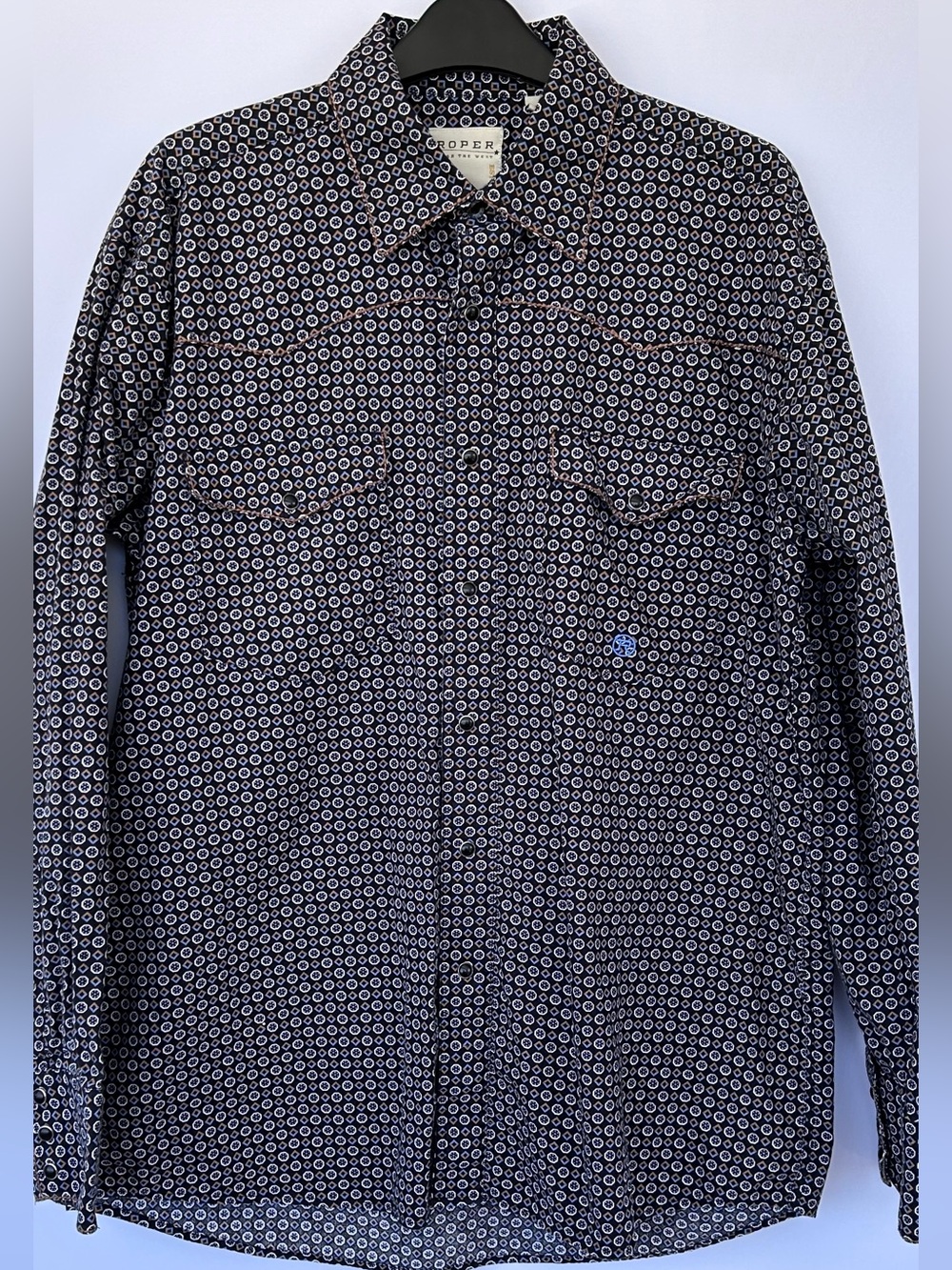 Roper Men’s Pearl Snap Western Shirt Geometric Print Embroidered Edges Size Med